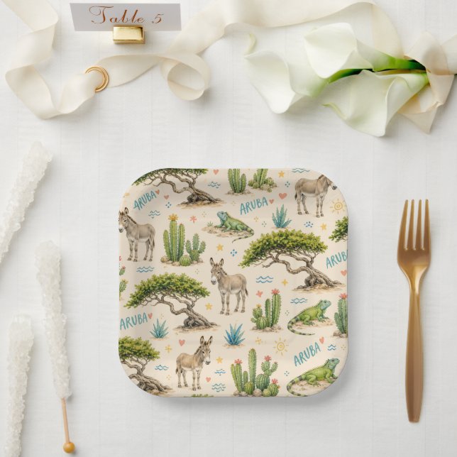 Aruba divi tree, donkey, iguana, cactus paper plate (Wedding)