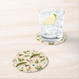 Aruba divi tree, donkey, iguana, cactus round paper coaster