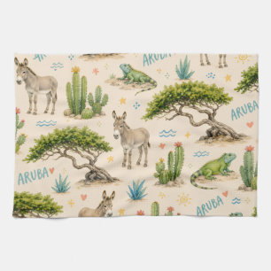 Aruba divi tree, donkey, iguana, cactus tea towel