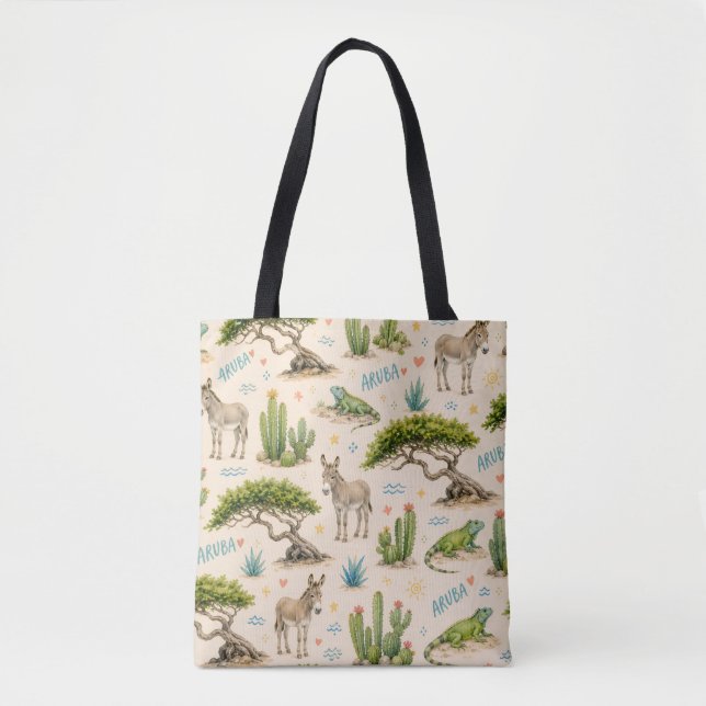 Aruba divi tree, donkey, iguana, cactus tote bag (Front)