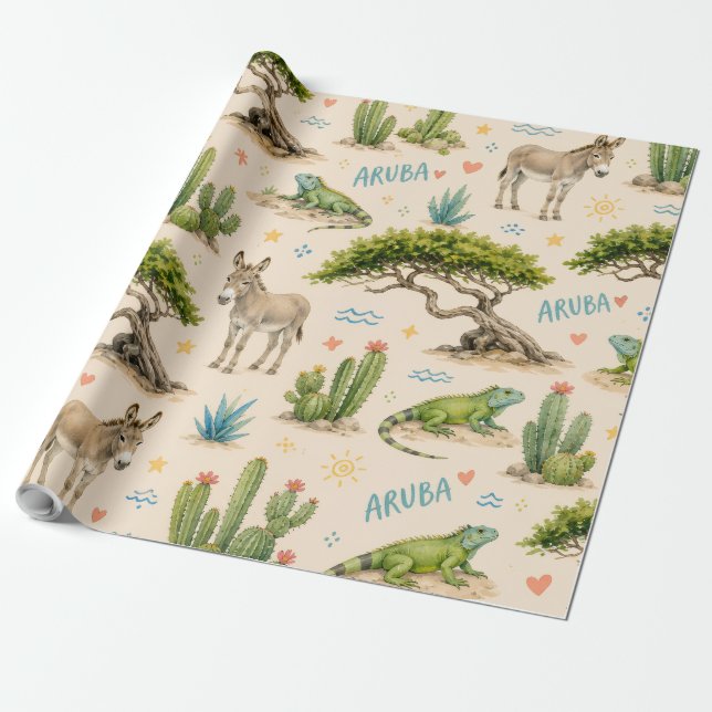 Aruba divi tree, donkey, iguana, cactus wrapping paper (Unrolled)