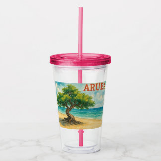 Aruba Divi Tree Eagle Beach watercolor Acrylic Tumbler