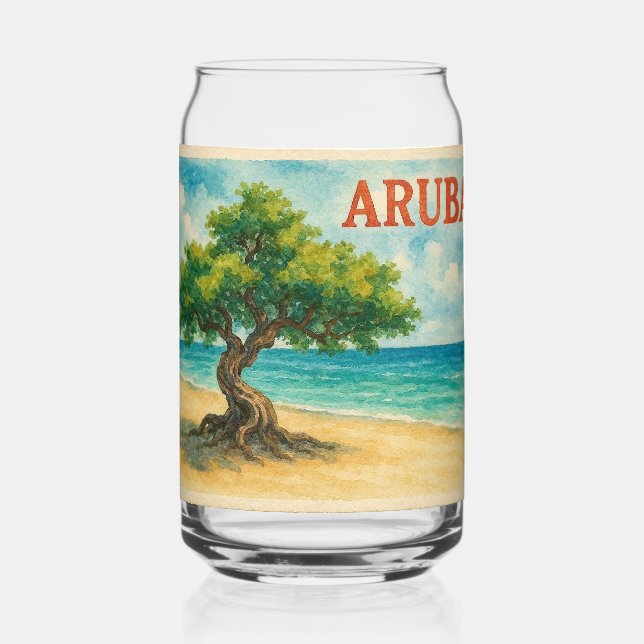 Aruba Divi Tree Eagle Beach watercolor Can Glass (Back)