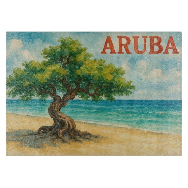 Aruba Divi Tree Eagle Beach watercolor Cutting Board (Front)