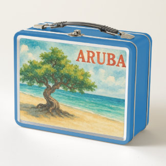 Aruba Divi Tree Eagle Beach watercolor Metal Lunch Box