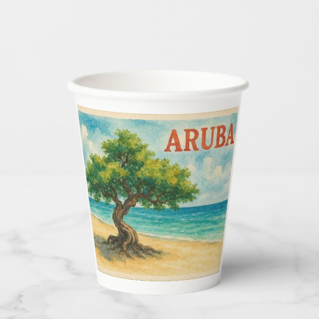 Aruba Divi Tree Eagle Beach watercolor Paper Cups (Front)