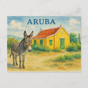 Aruba Donkey and Cunucu House Watercolor Holiday Postcard
