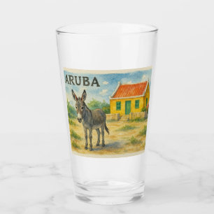 Aruba Donkey with Yellow Cunucu house watercolor Glass