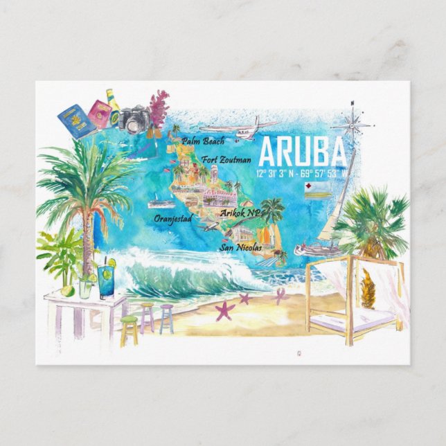 Aruba Dutch Antilles Caribbean Island Illustrated  Postcard (Front)