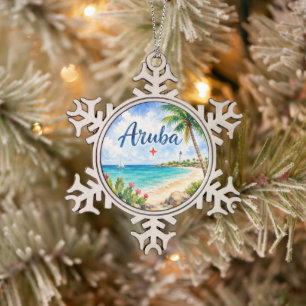 Aruba Dutch Caribbean Island travel souvenir Snowflake Pewter Christmas Ornament