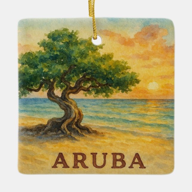 Aruba Eagle Beach Divi Tree Golden Hour Ceramic Ornament (Front)