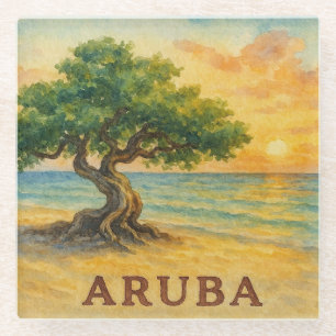 Aruba Eagle Beach Divi Tree Golden Hour Glass Coaster