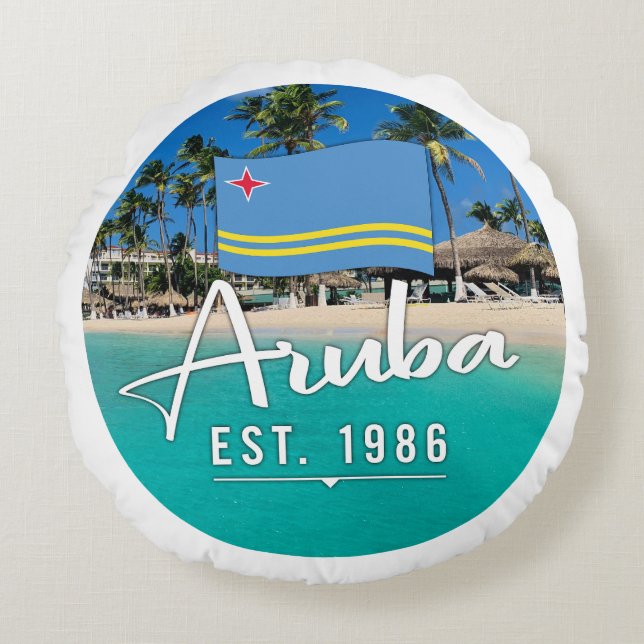 "Aruba Est. 1986" Beach With Flag Round Cushion (Front)