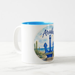 Aruba flag anchor Caribbean island travel souvenir Two-Tone Coffee Mug