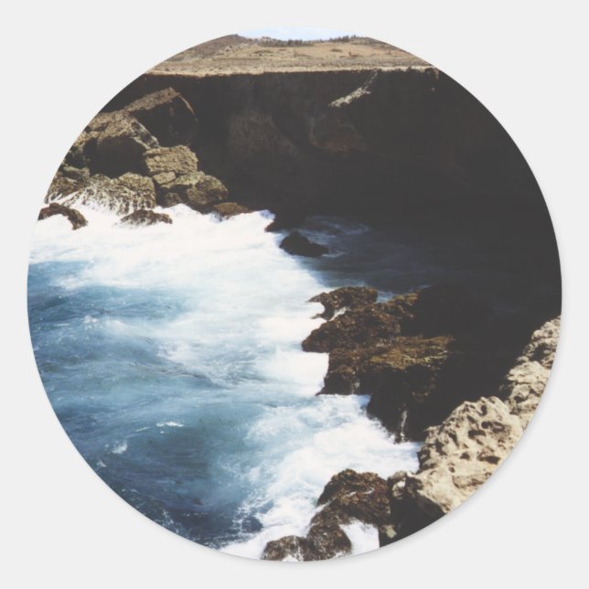 Aruba Ocean Crashing On The Rocks Classic Round Sticker (Front)