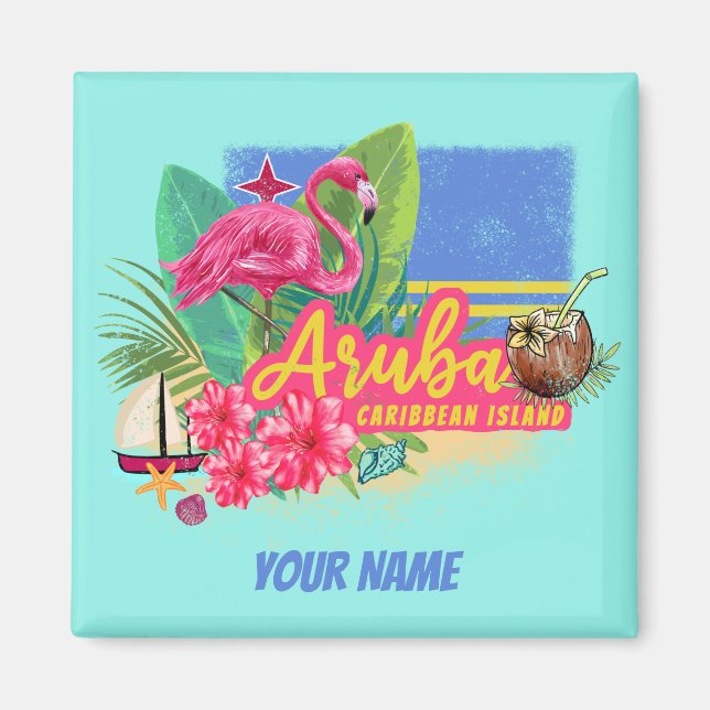 Aruba Retro Caribbean Island with Flamingo Vintage Magnet (Front)