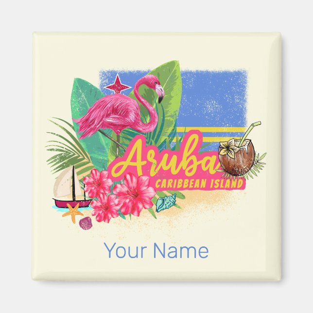 Aruba Retro Caribbean Island with Flamingo Vintage Magnet (Front)