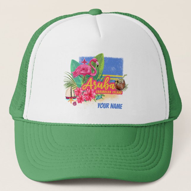 Aruba Retro Caribbean Island with Flamingo Vintage Trucker Hat (Front)
