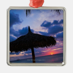 Aruba, silhouette of palapa on beach at sunset 2 metal tree decoration
