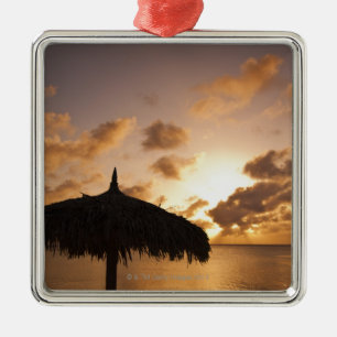 Aruba, silhouette of palapa on beach at sunset metal tree decoration