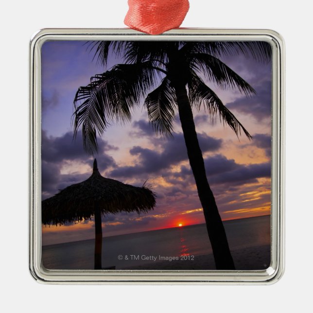 Aruba, silhouette of palm tree and palapa on metal tree decoration (Front)