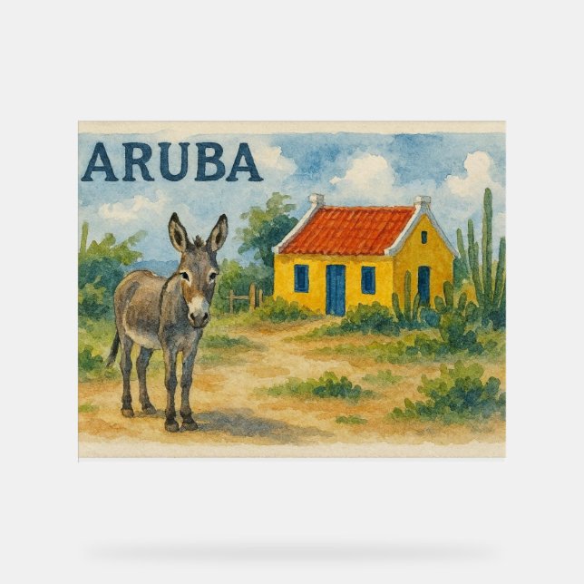 Aruba Yellow Cunucu house with donkey watercolor Acrylic Sign (Front)