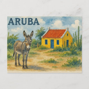 Aruba Yellow Cunucu house with donkey watercolor Holiday Postcard