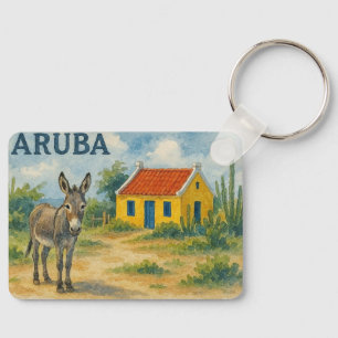 Aruba Yellow Cunucu house with donkey watercolor Key Ring