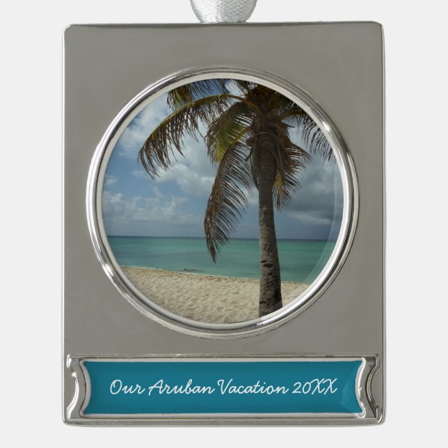 Aruban Beach I Beautiful Nature Scene Silver Plated Banner Ornament (Front)