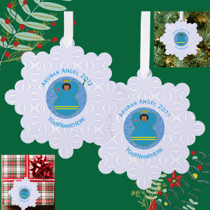 Aruban Flag Angel Personalised Blue Text Tree Decoration Card