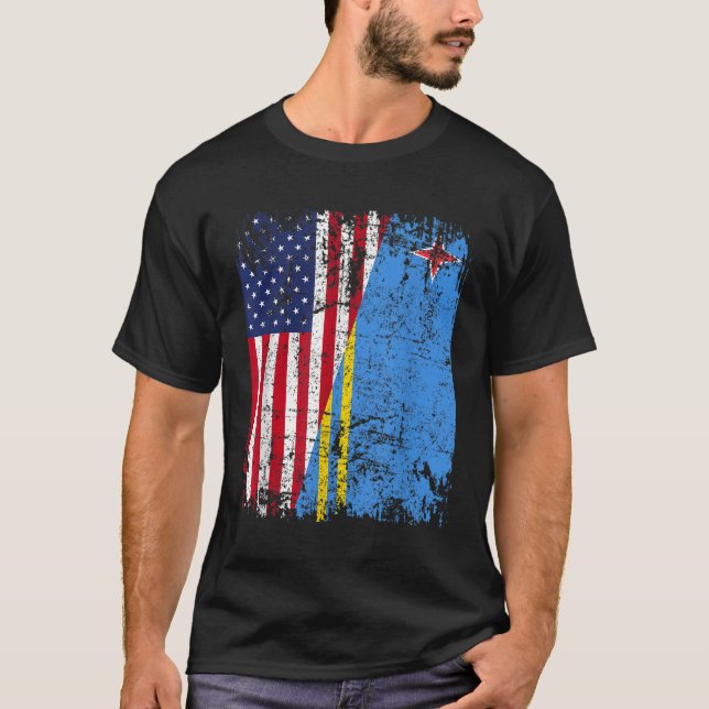 ARUBAN ROOTS Half American Flag ARUBA FLAG T-Shirt (Front)