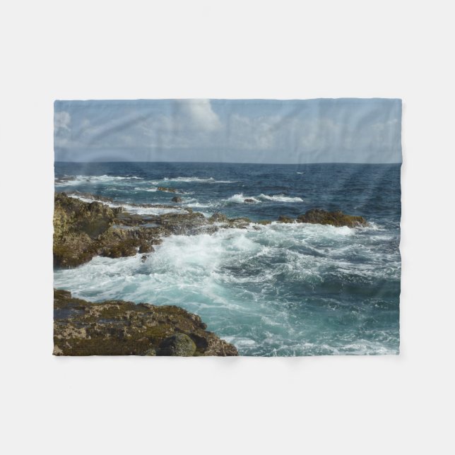 Aruba's Rocky Coast and Blue Ocean Fleece Blanket (Front (Horizontal))