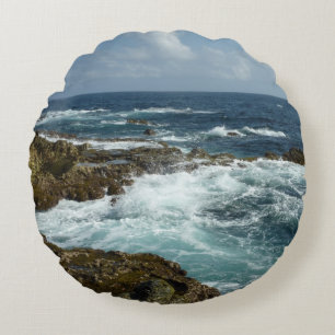 Aruba's Rocky Coast and Blue Ocean Round Cushion