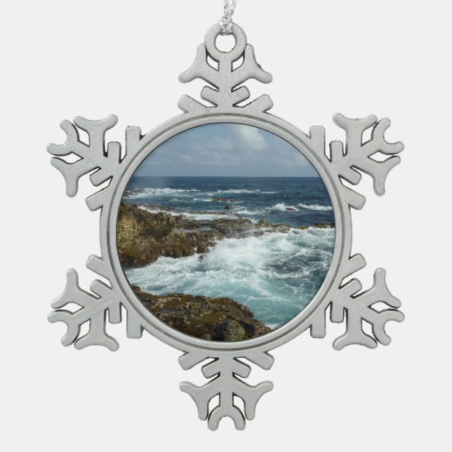 Aruba's Rocky Coast and Blue Ocean Snowflake Pewter Christmas Ornament (Front)