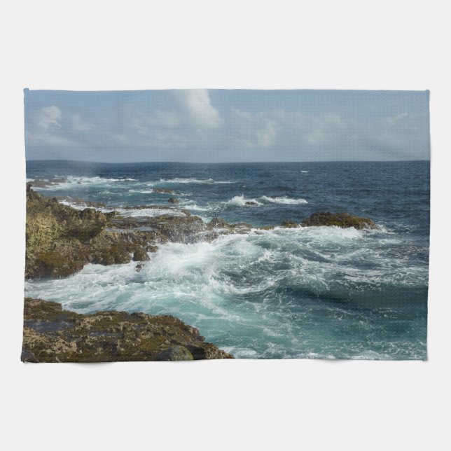 Aruba's Rocky Coast and Blue Ocean Tea Towel (Horizontal)