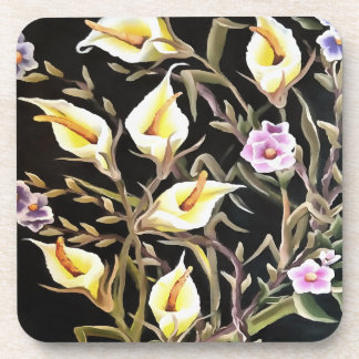 Arum Lily Artistic Floral Design On Black Coaster