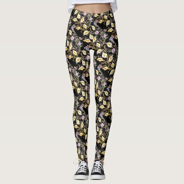 Arum Lily Artistic Floral Design On Black  Leggings (Front)
