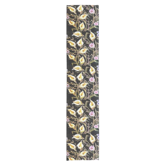 Arum Lily Artistic Floral Design On Black  Short Table Runner (Front)