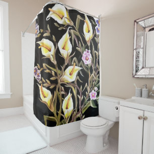 Arum Lily Artistic Floral Design On Black  Shower Curtain