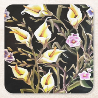 Arum Lily Artistic Floral Design On Black Square Paper Coaster