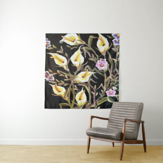 Arum Lily Artistic Floral Design On Black  Tapestry