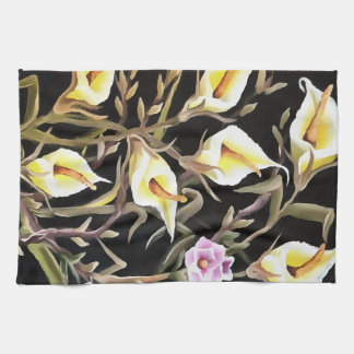 Arum Lily Artistic Floral Design On Black Tea Towel