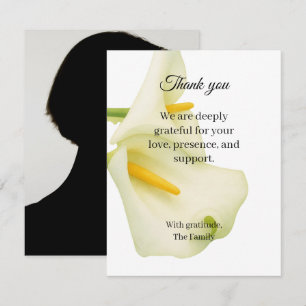 Arum lily funeral thank you card with photo