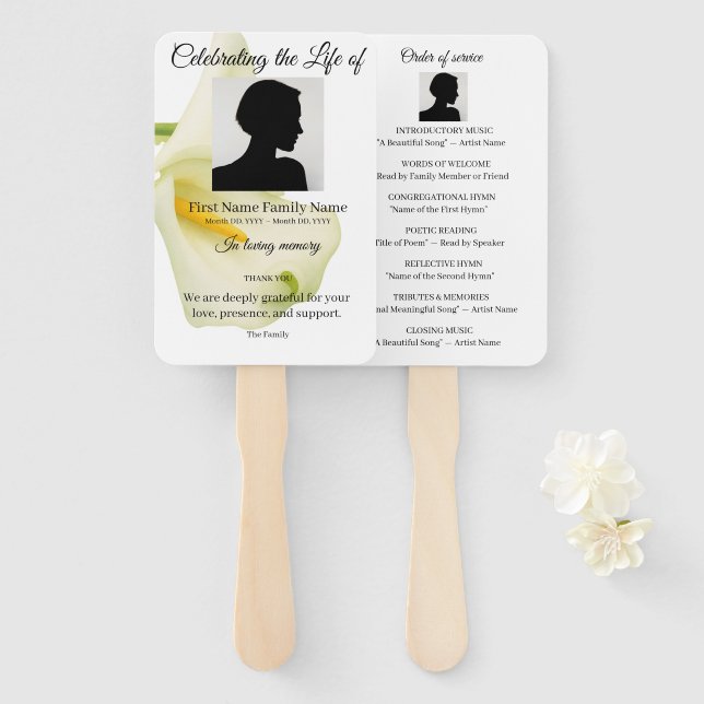 Arum lily order of service hand fan (Front and Back)