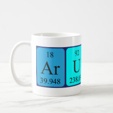 Mug featuring the name Arunas spelled out in symbols of the chemical elements