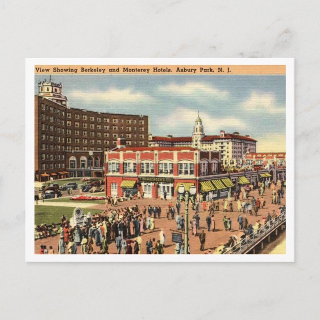 Asbury Park NJ Boardwalk, Hotels 1951 Retro  Postcard (Front)