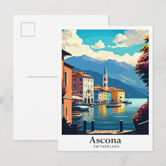 Ascona Switzerland Art Vintage Travel Illustration Postcard (Front/Back)