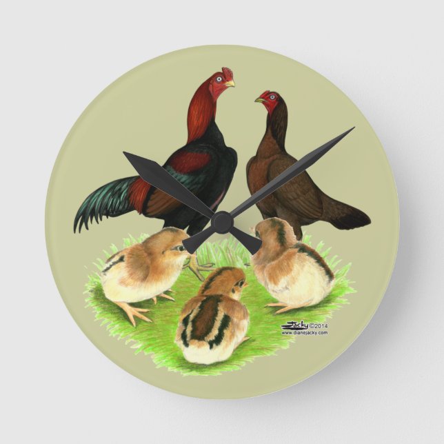 Aseel Black Red Chicken Family Round Clock (Front)