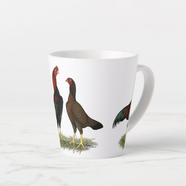 Aseel Black Red Chickens Latte Mug (Right Angle)