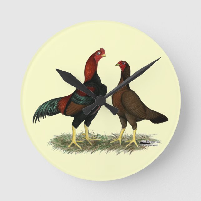 Aseel Black Red Chickens Round Clock (Front)